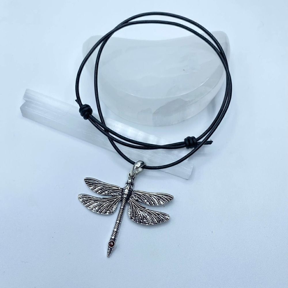 Dragonfly & Garnet Boho Silver Necklace On Leather Cord
